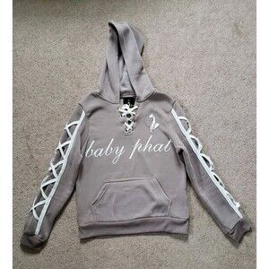 Baby Phat Women's Graphic Hoodie Sweatshirt Lace Up Neckline Sleeves Brown Sz M